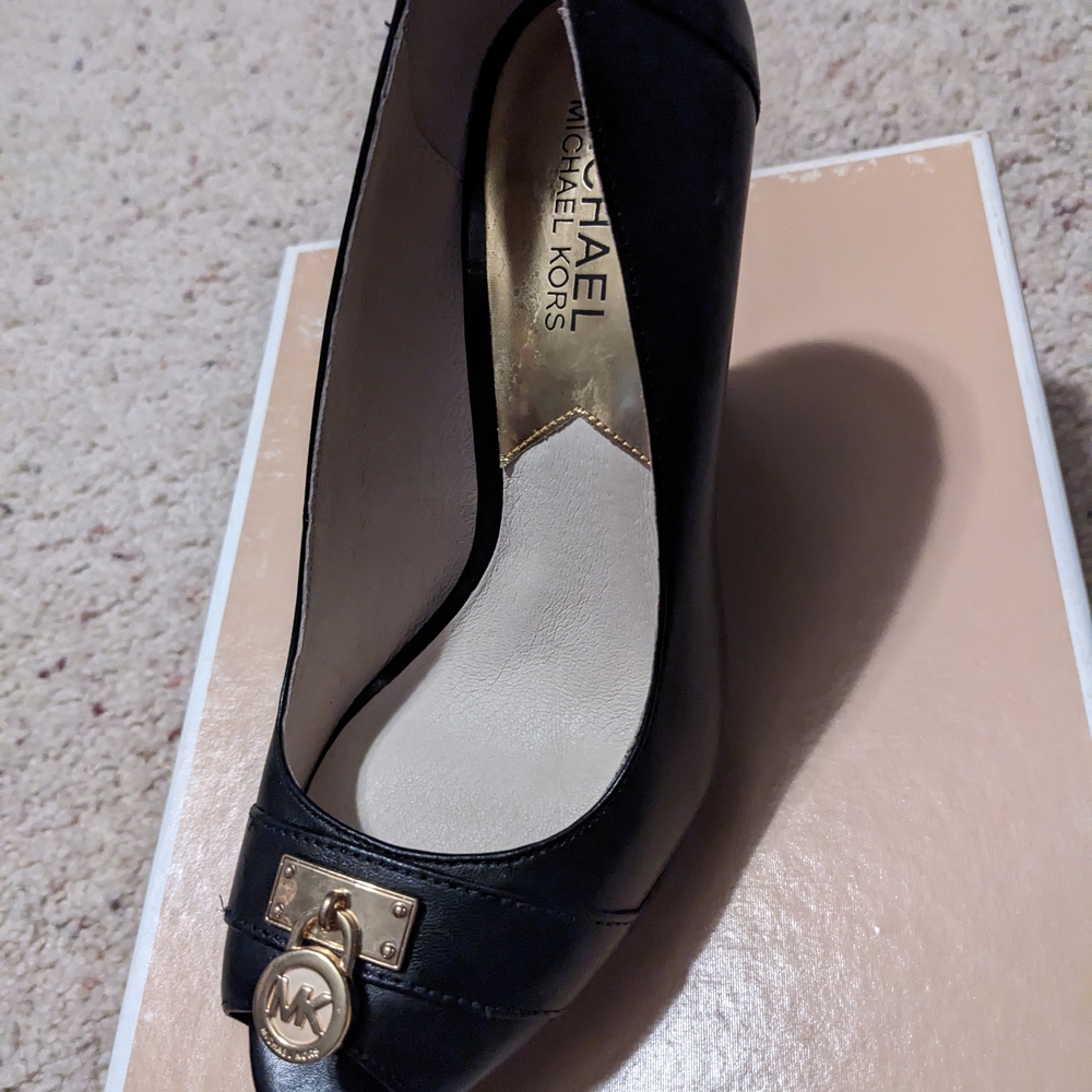 Michael Kors Black Peep-Toe Heels with Gold Accent